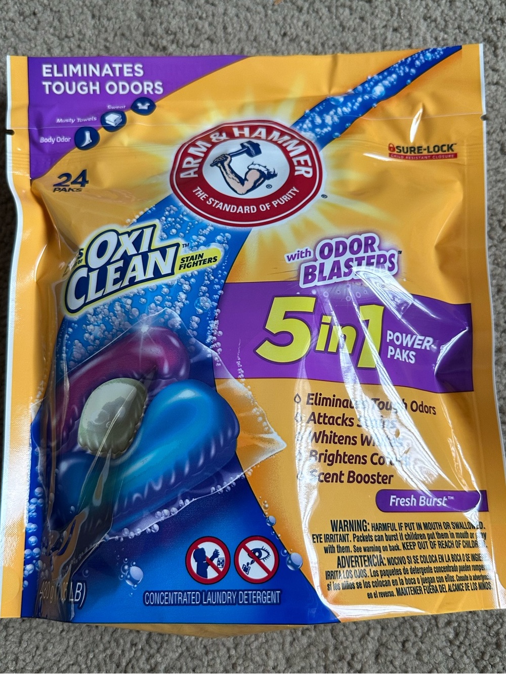 Arm & Hammer Oxi Clean 5-in-1 Laundry Power Paks 24ct Fresh Burst Scent